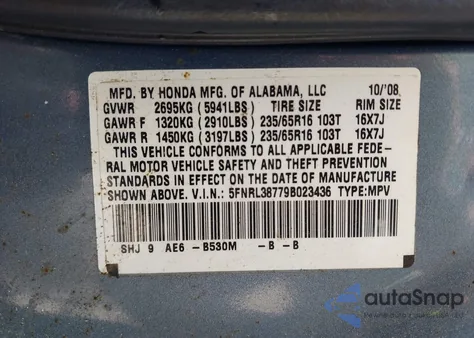 2009 Honda Odyssey Ex-L из США, поврежденный, VIN 5FNRL38779B023436